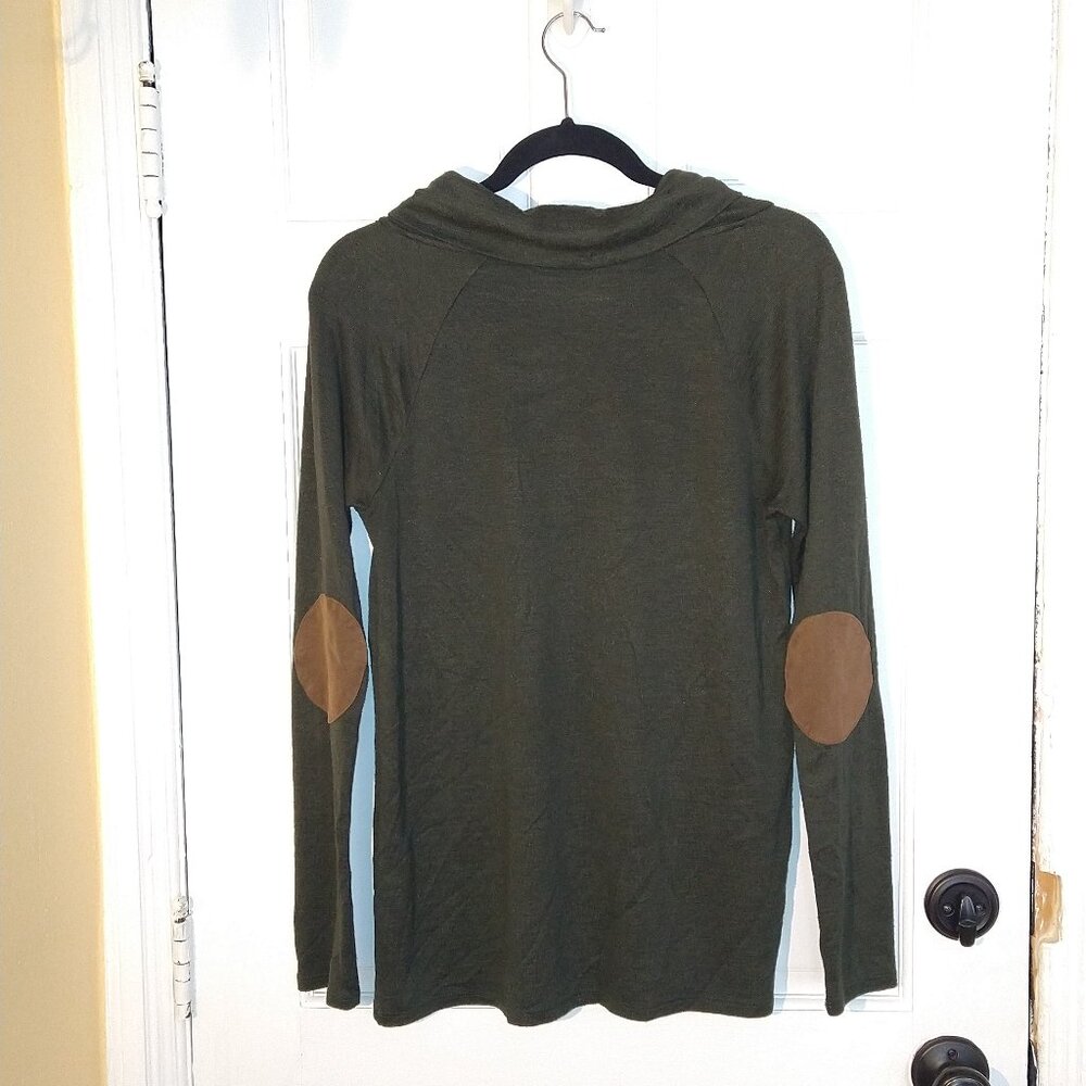 Green Cowl Neck Faux Suede Elbow Patch Top